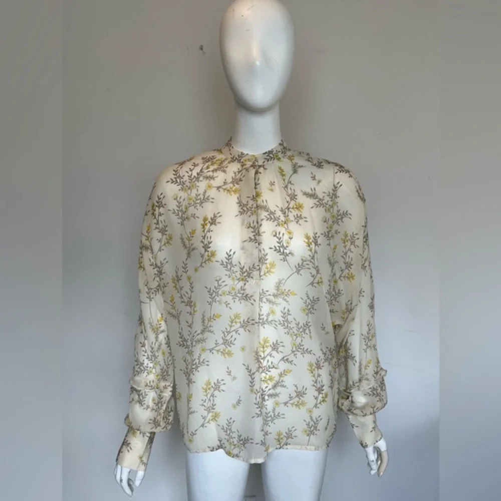 YaYa Size US6 Beige & Yellow Floral Long Sleeve Top Blouse Sheer See Through NWT